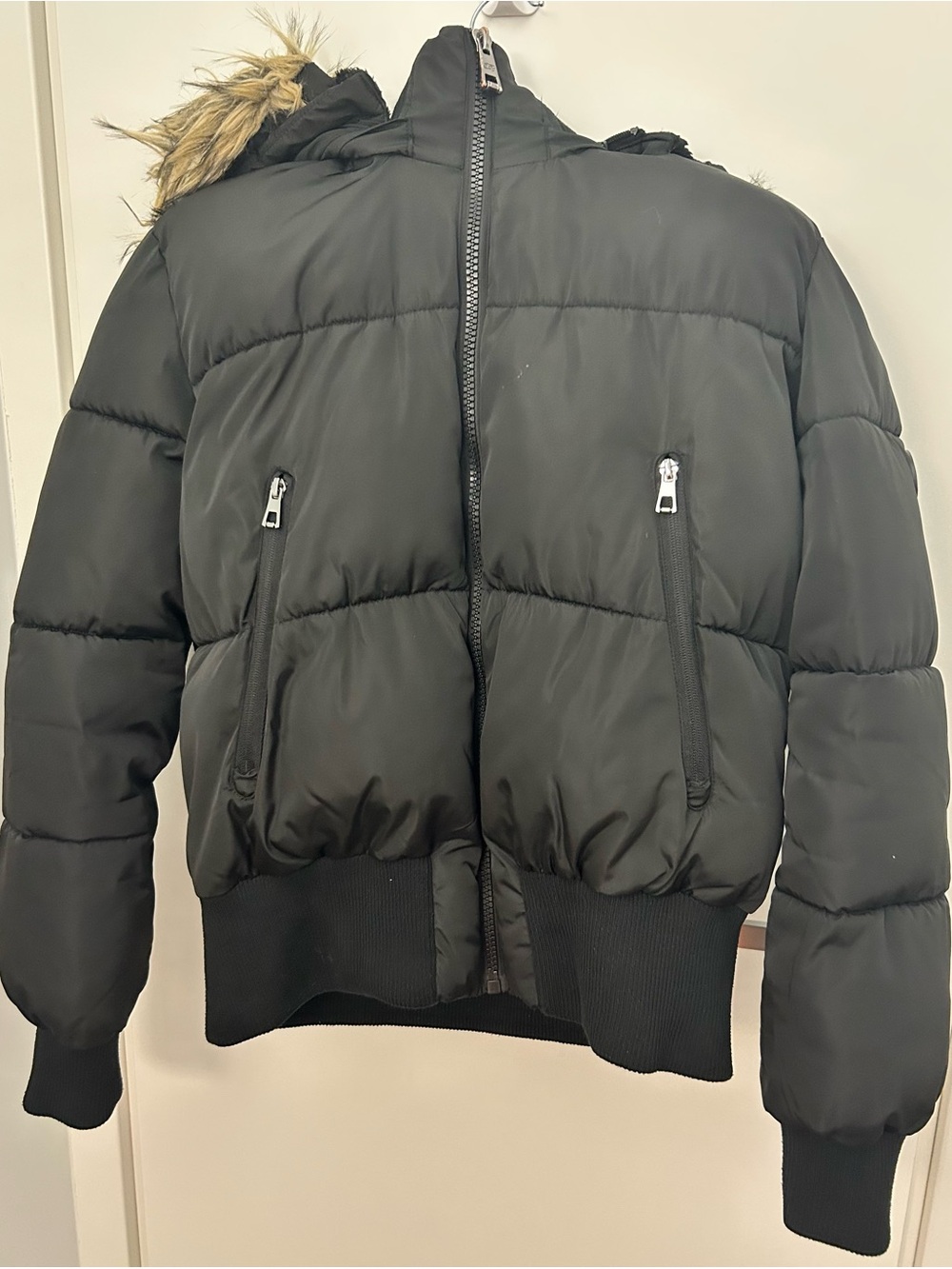 Black Puffer Bomber Jacket with Fur-Trim Hood